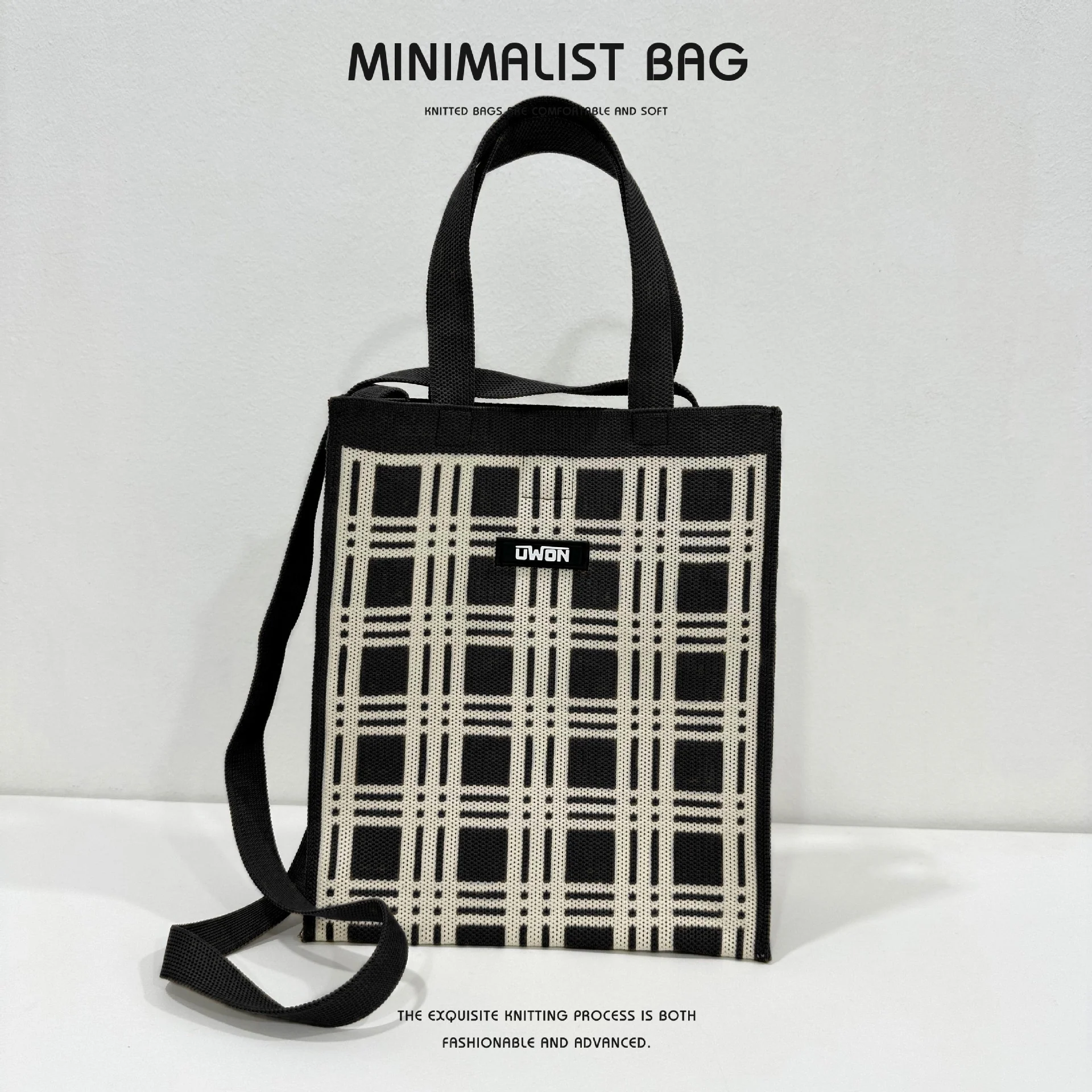 Black and white diamond knitted shoulder bag - Image 10