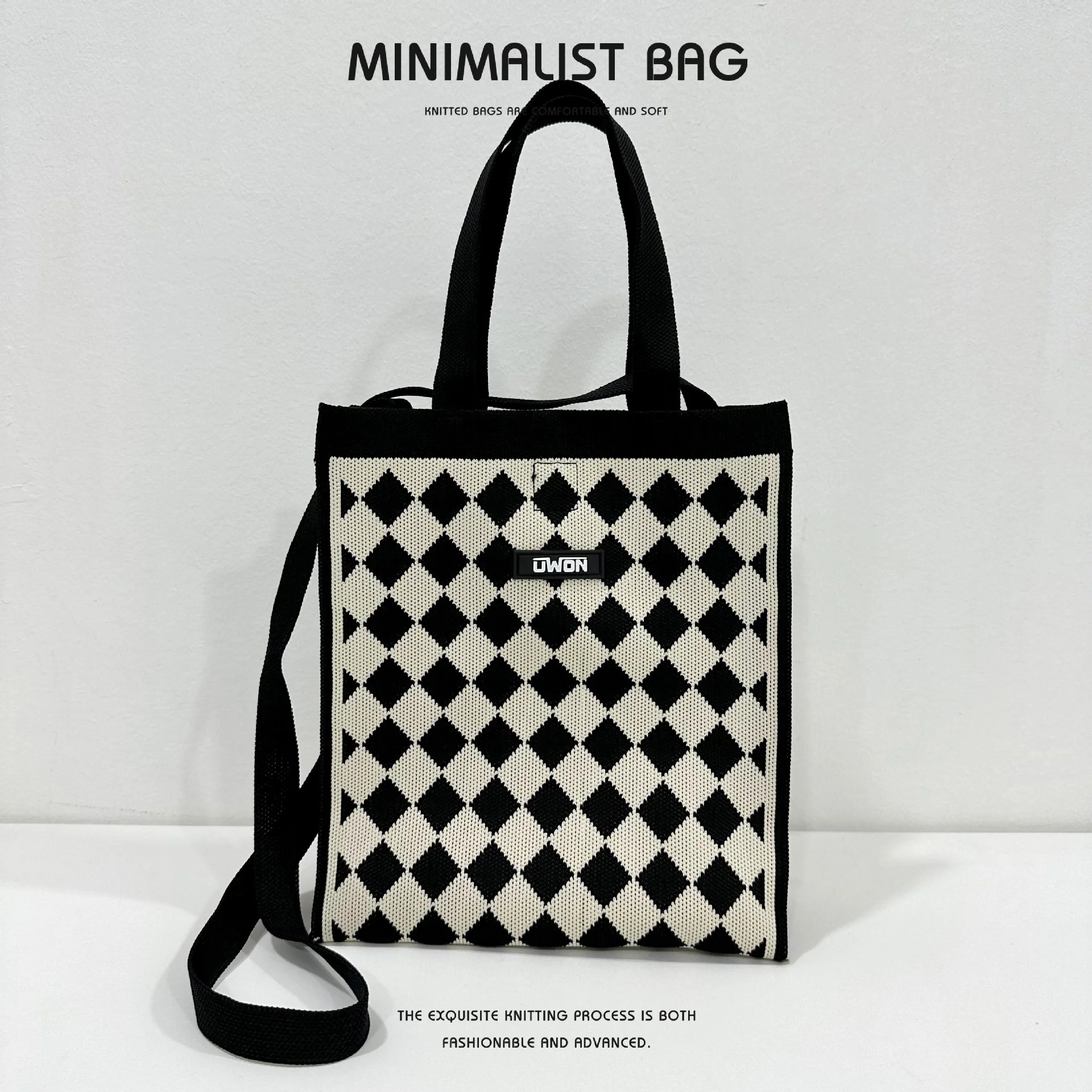 Black and white diamond knitted shoulder bag - Image 9