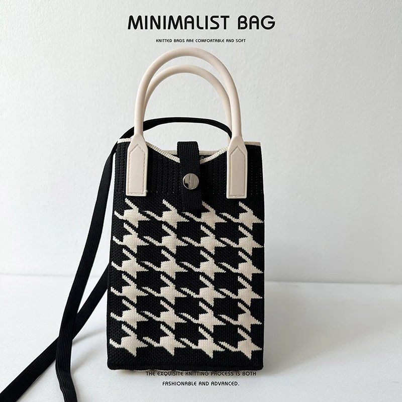 Black and White Houndstooth Mini Knit Phone Bag - Image 7