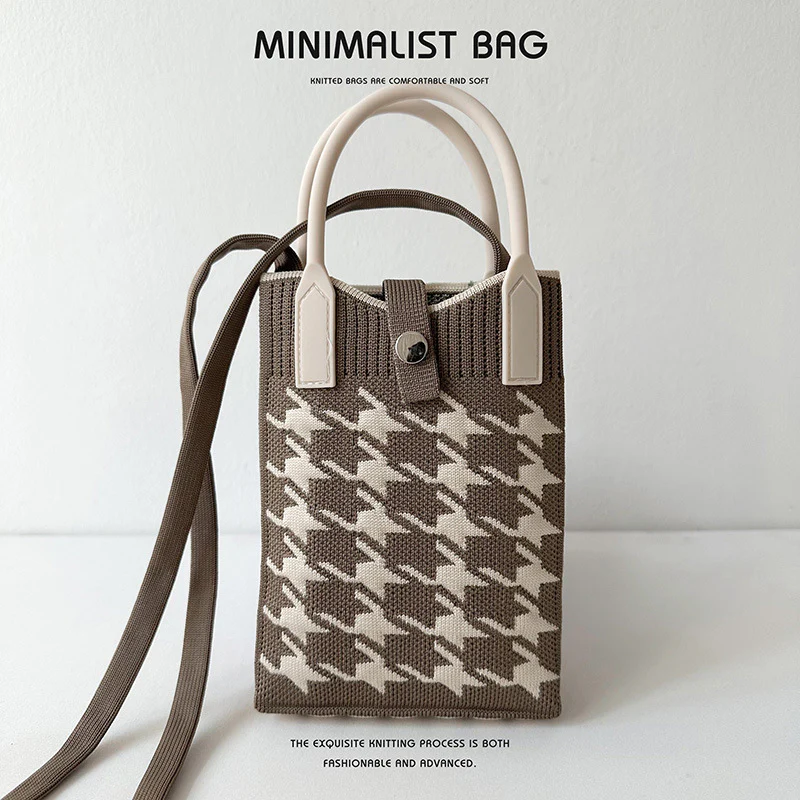 Black and White Houndstooth Mini Knit Phone Bag - Image 9