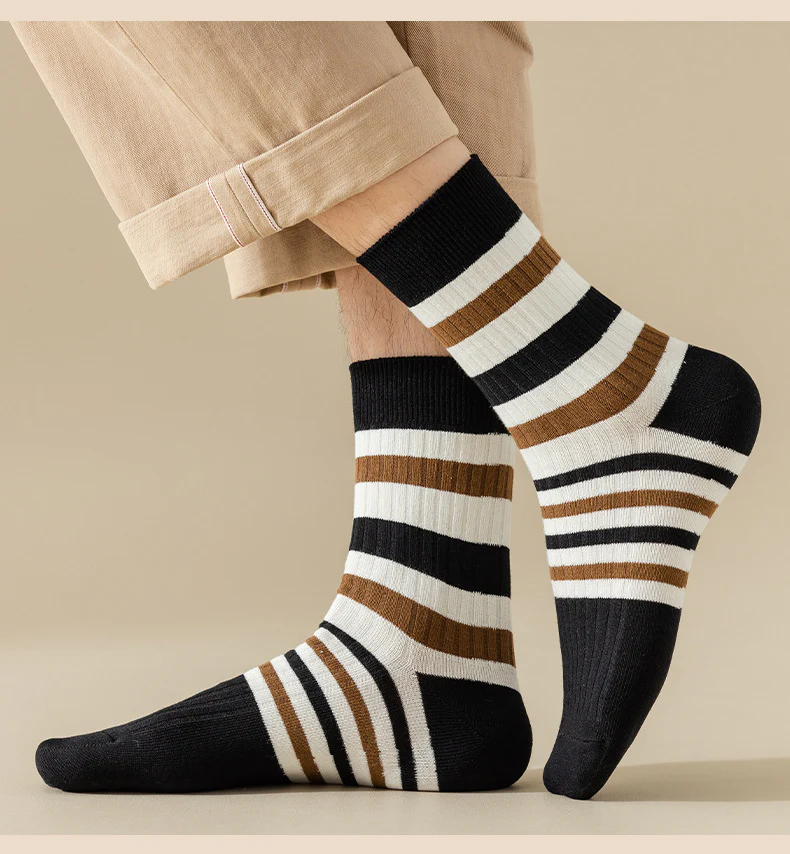 Breathable Sweat Absorbing Men's Mid-Calf Length Sock Striped Colors Retro Socks - Image 11