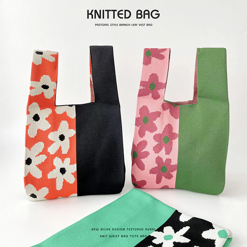 Colorblock Floral Knitted Tote Bag - Image 4