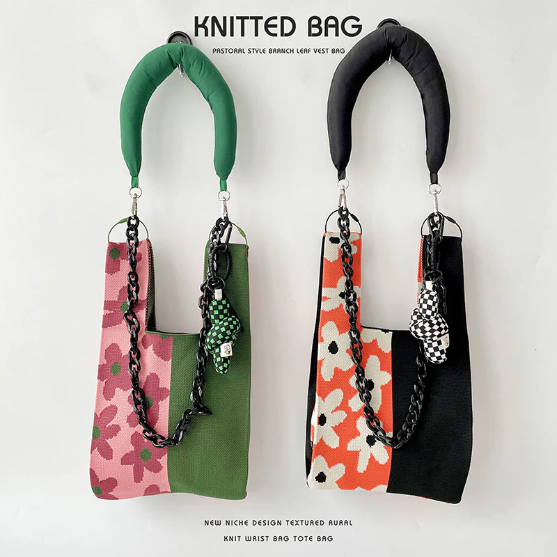 Colorblock Floral Knitted Tote Bag - Image 5