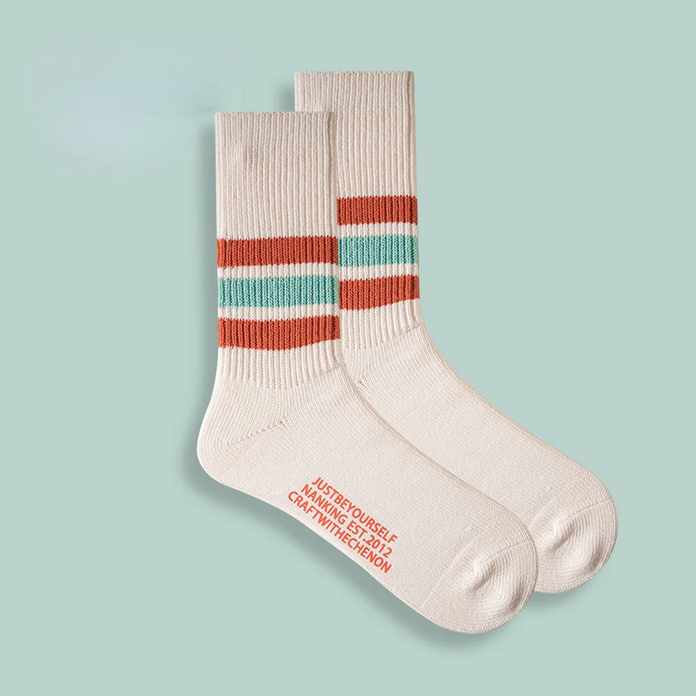 Combed Cotton Thickened Solid Color Striped Retro Long Socks - Image 2