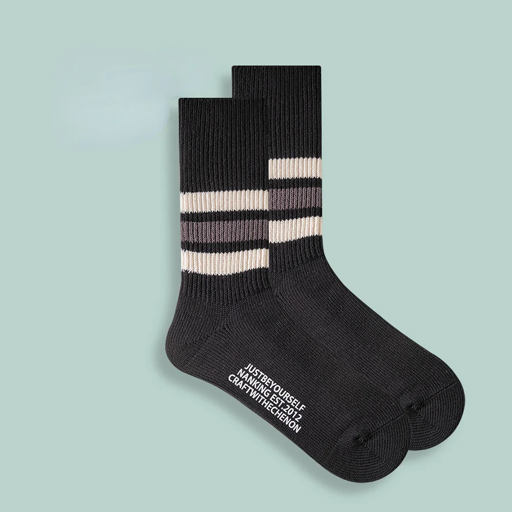 Combed Cotton Thickened Solid Color Striped Retro Long Socks - Image 3