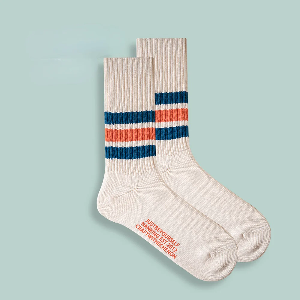 Combed Cotton Thickened Solid Color Striped Retro Long Socks - Image 5