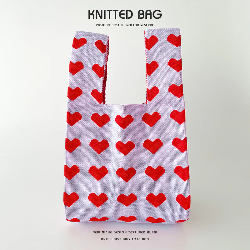 Contrast color heart knitted shoulder bag handbag knitted bag - Image 8