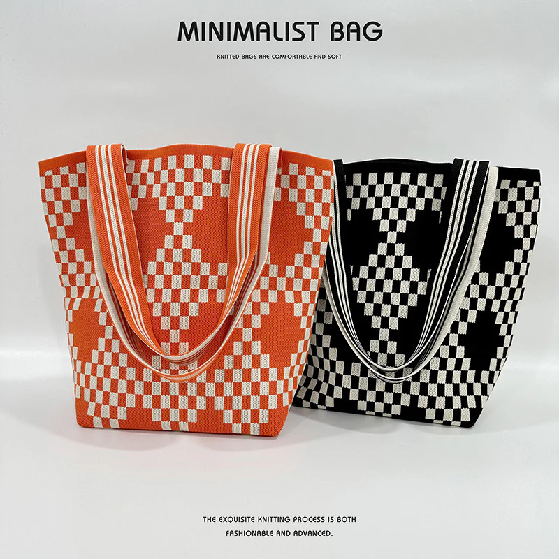 Diamond lattice large capacity shoulder bag handbag knitted bag