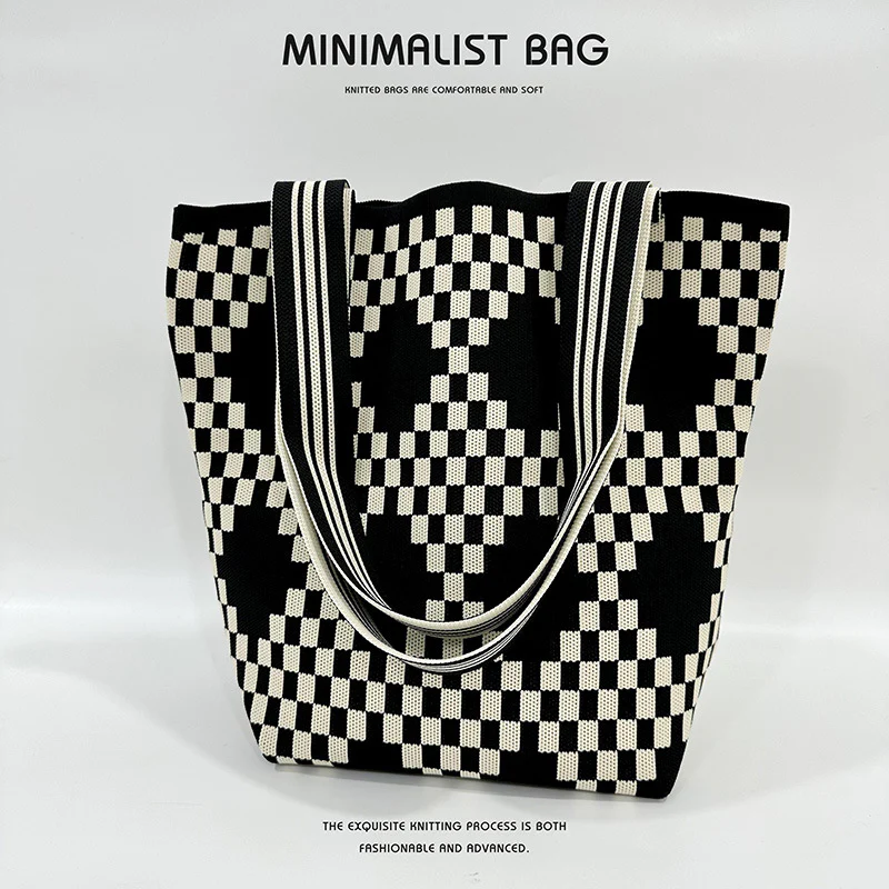 Diamond lattice large capacity shoulder bag handbag knitted bag - Image 5