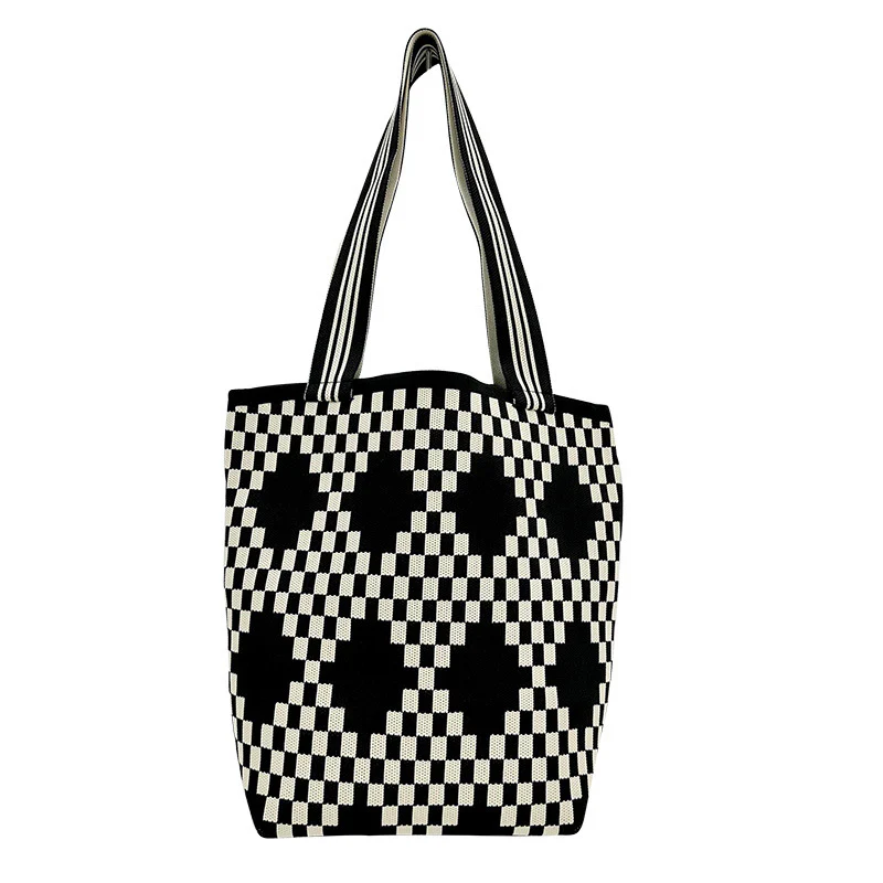 Diamond lattice large capacity shoulder bag handbag knitted bag - Image 6