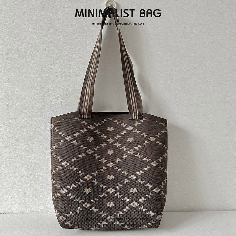 Diamond Plaid Large Capacity Shoulder Bag Knitted Handbag - Image 17