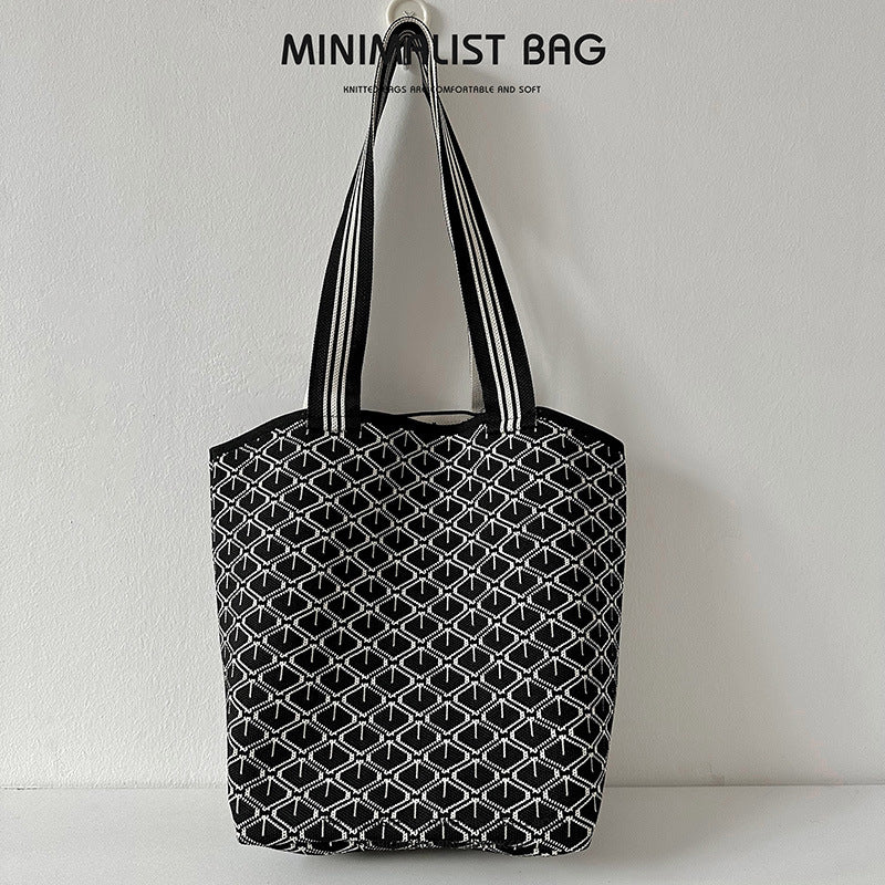 Diamond Plaid Large Capacity Shoulder Bag Knitted Handbag - Image 18