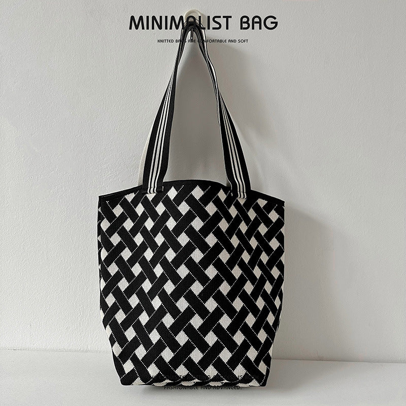 Diamond Plaid Large Capacity Shoulder Bag Knitted Handbag - Image 7