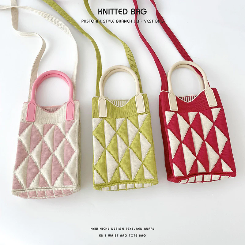 Geometric diamond mini mobile phone bag shoulder crossbody knitted bag - Image 5