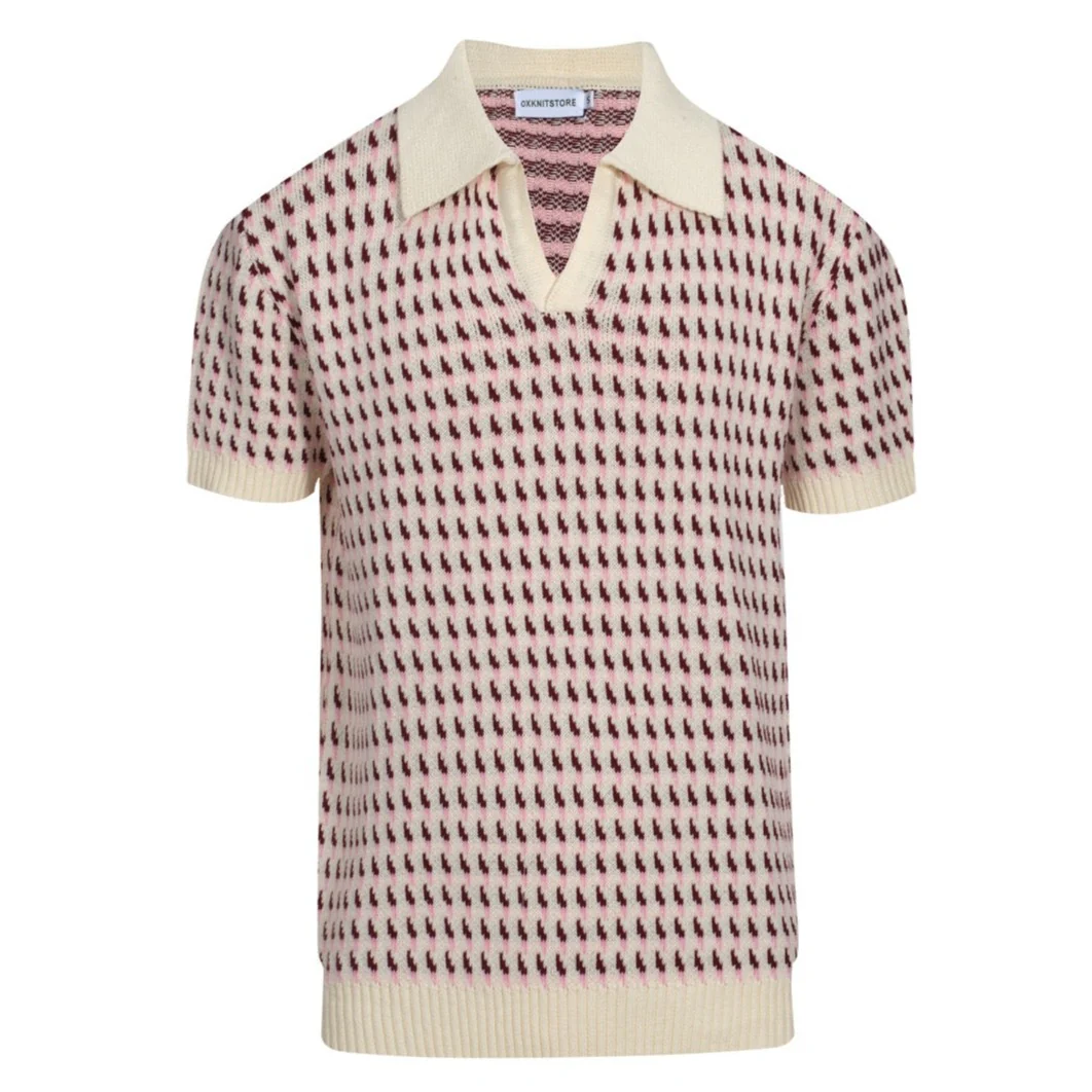 Men's 60s Cream Knit Polo Shirt – Burgundy Micro Pattern Retro Style