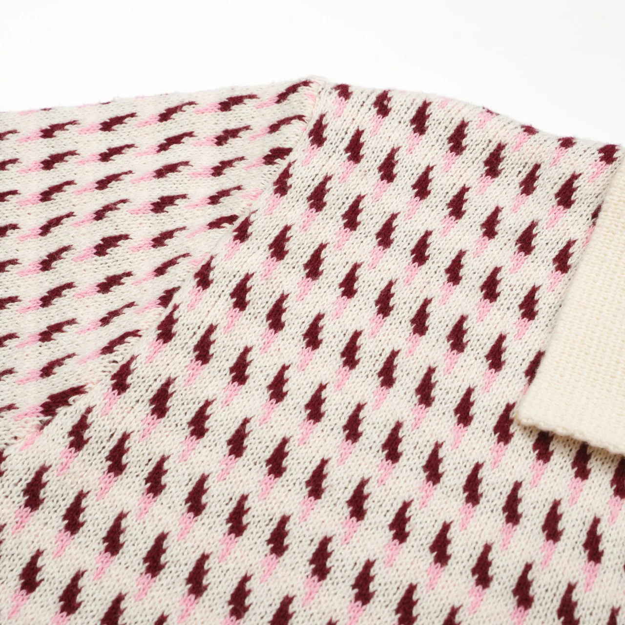 Men's 60s Cream Knit Polo Shirt – Burgundy Micro Pattern Retro Style - Image 4