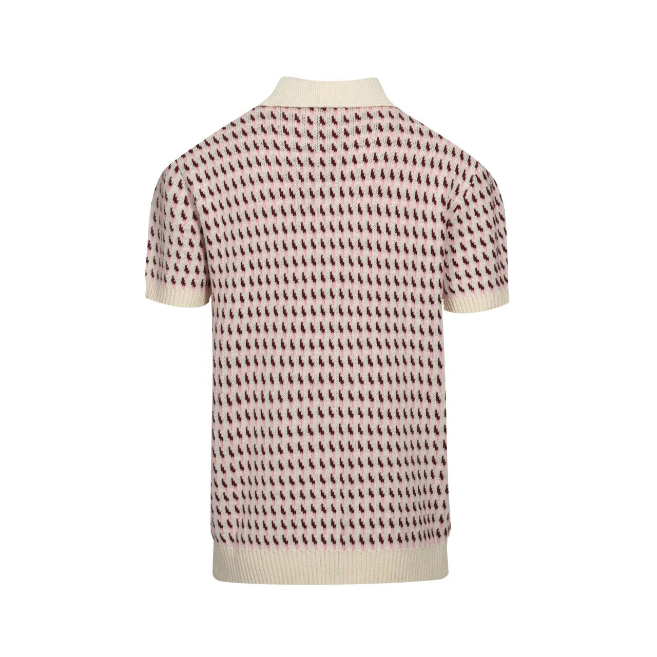 Men's 60s Cream Knit Polo Shirt – Burgundy Micro Pattern Retro Style - Image 8