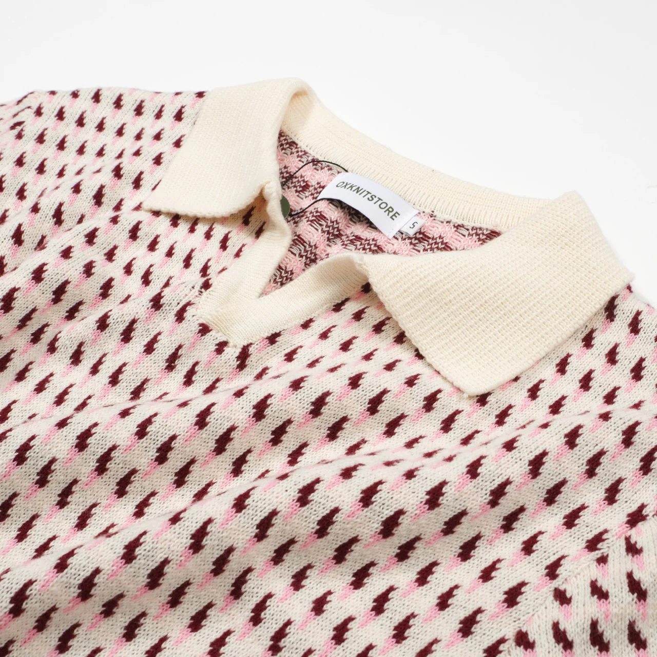 Men's 60s Cream Knit Polo Shirt – Burgundy Micro Pattern Retro Style - Image 9