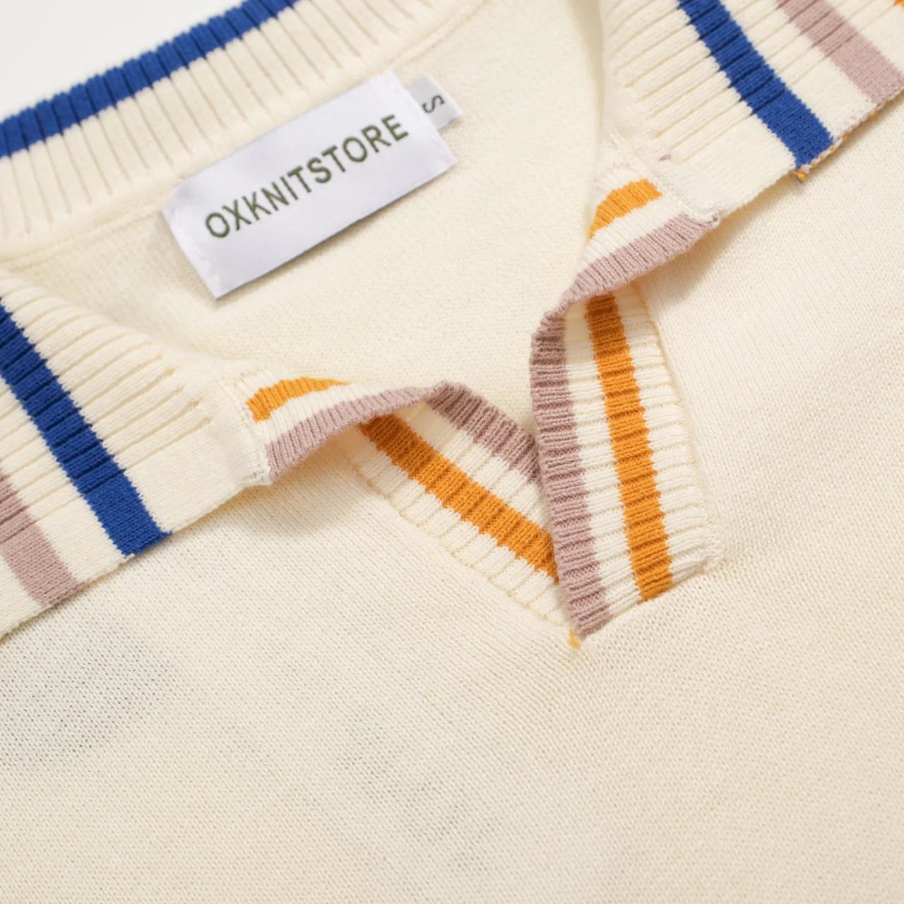 Men's 60s Mod Cream Knit Polo – Multicolor Tipped Trim - Image 5