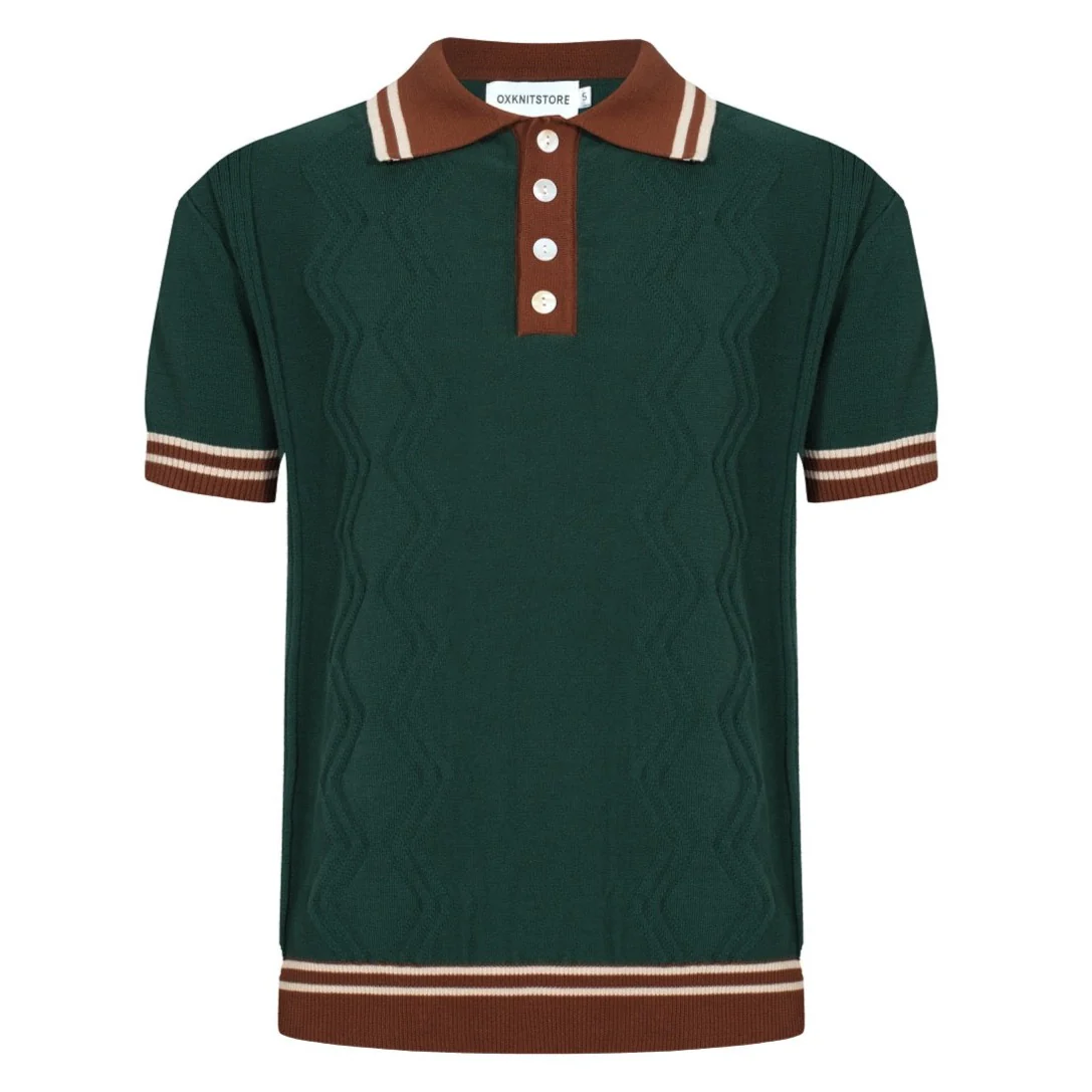 Men's 60s Green Knit Polo Shirt – Retro Brown Collar & Cuffs