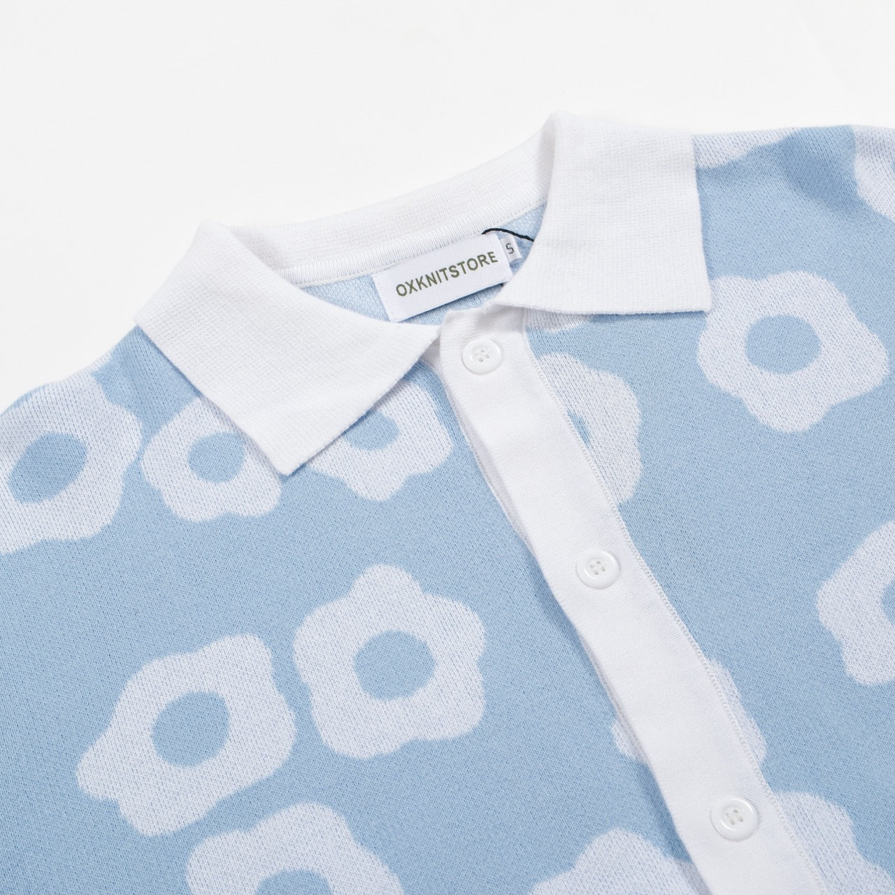 Men's 60s Light Blue Knit Polo Shirt – White Retro Floral Pattern - Image 3