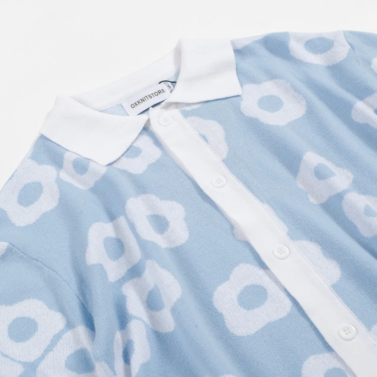 Men's 60s Light Blue Knit Polo Shirt – White Retro Floral Pattern - Image 9