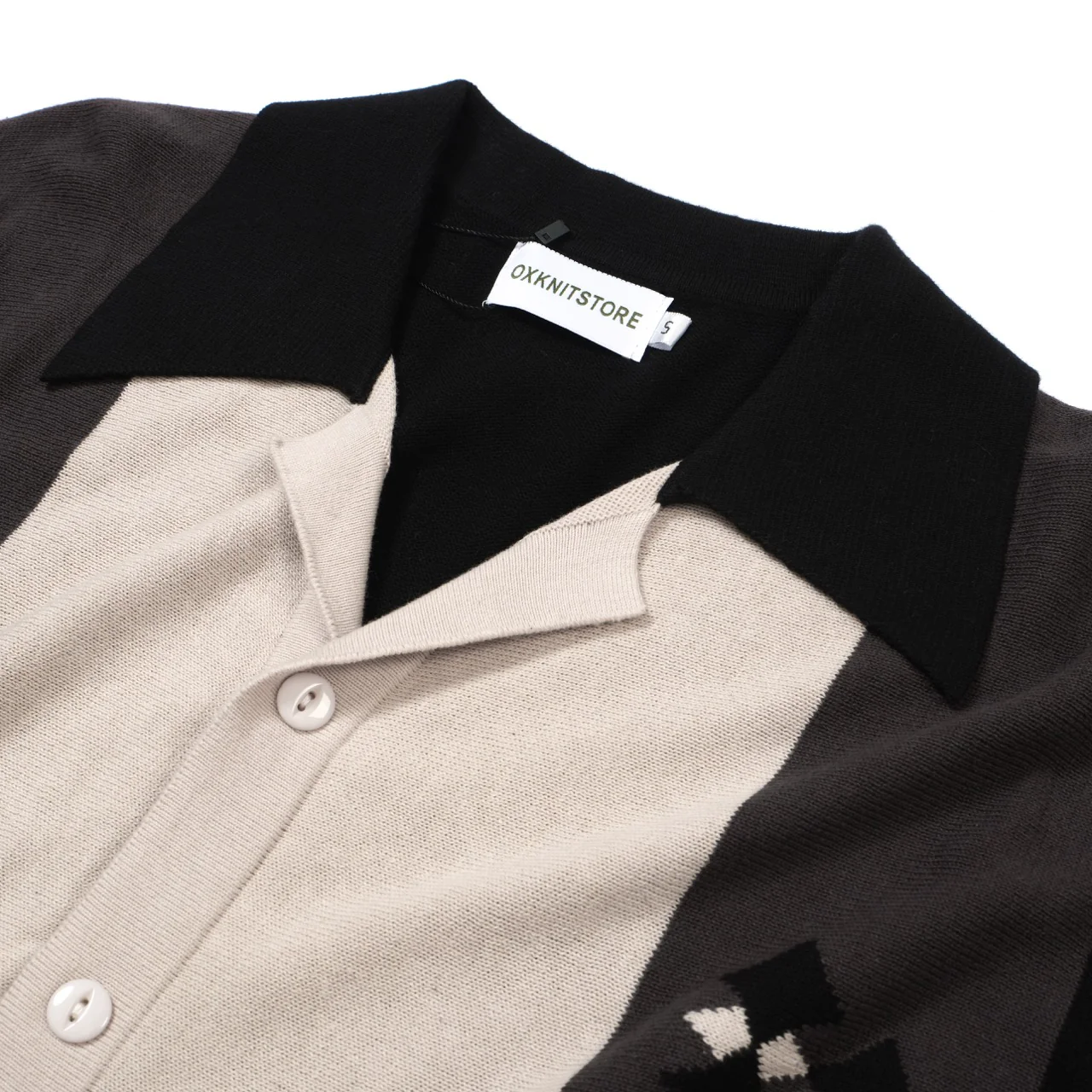 Men's 60s Mod Black & Gray Knit Button Shirt – Diamond Chest Detail - Image 10