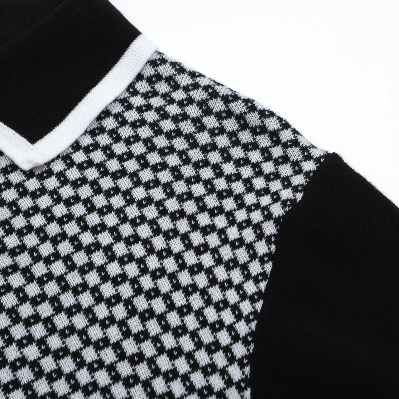 Men's 60s Mod Jacquard Zip Knit Polo – Black & White Diamond Pattern - Image 3