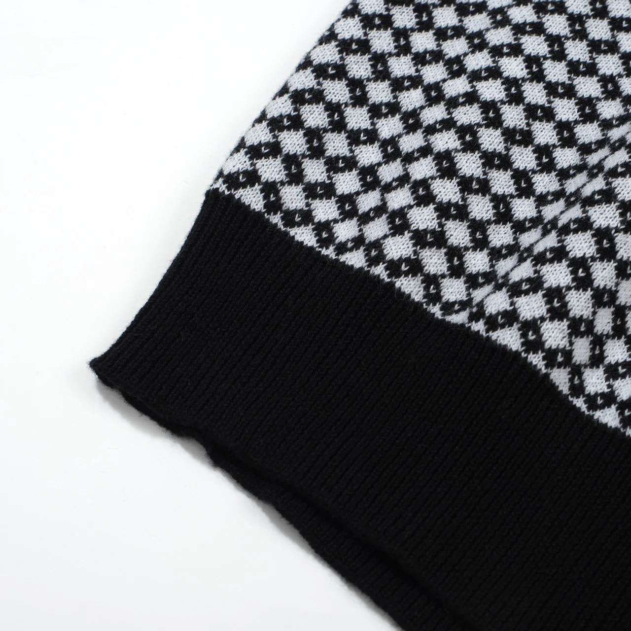 Men's 60s Mod Jacquard Zip Knit Polo – Black & White Diamond Pattern - Image 5