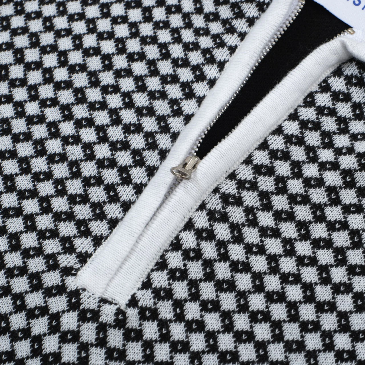 Men's 60s Mod Jacquard Zip Knit Polo – Black & White Diamond Pattern - Image 7