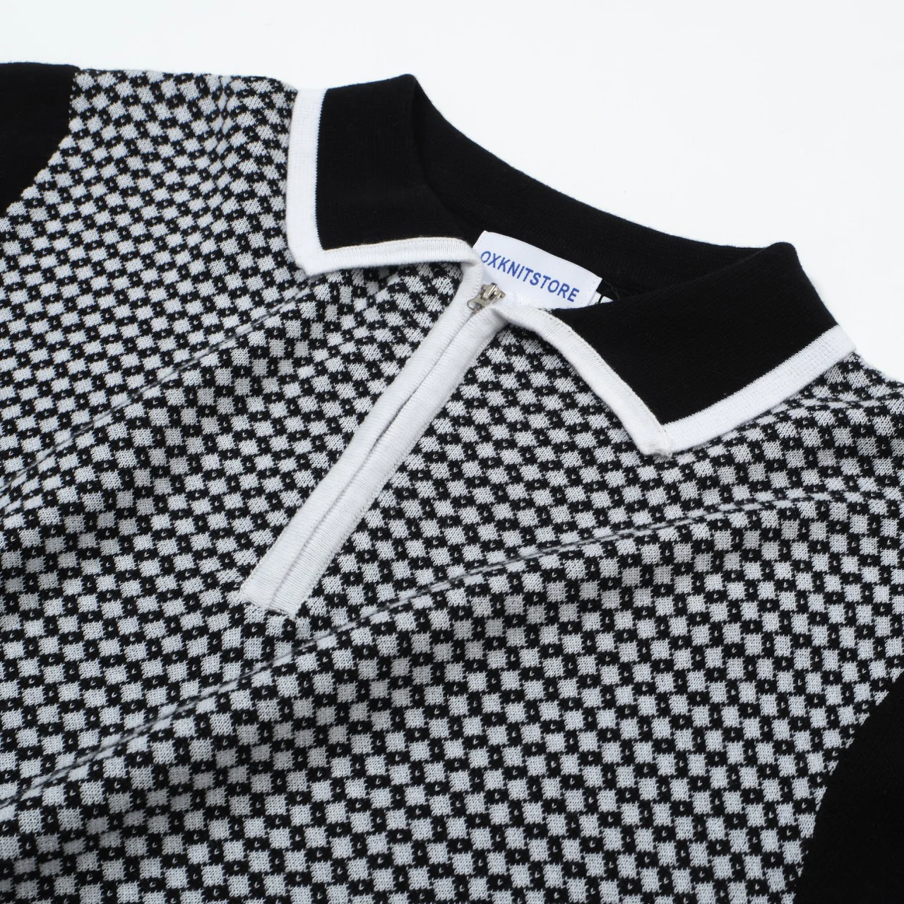 Men's 60s Mod Jacquard Zip Knit Polo – Black & White Diamond Pattern - Image 9