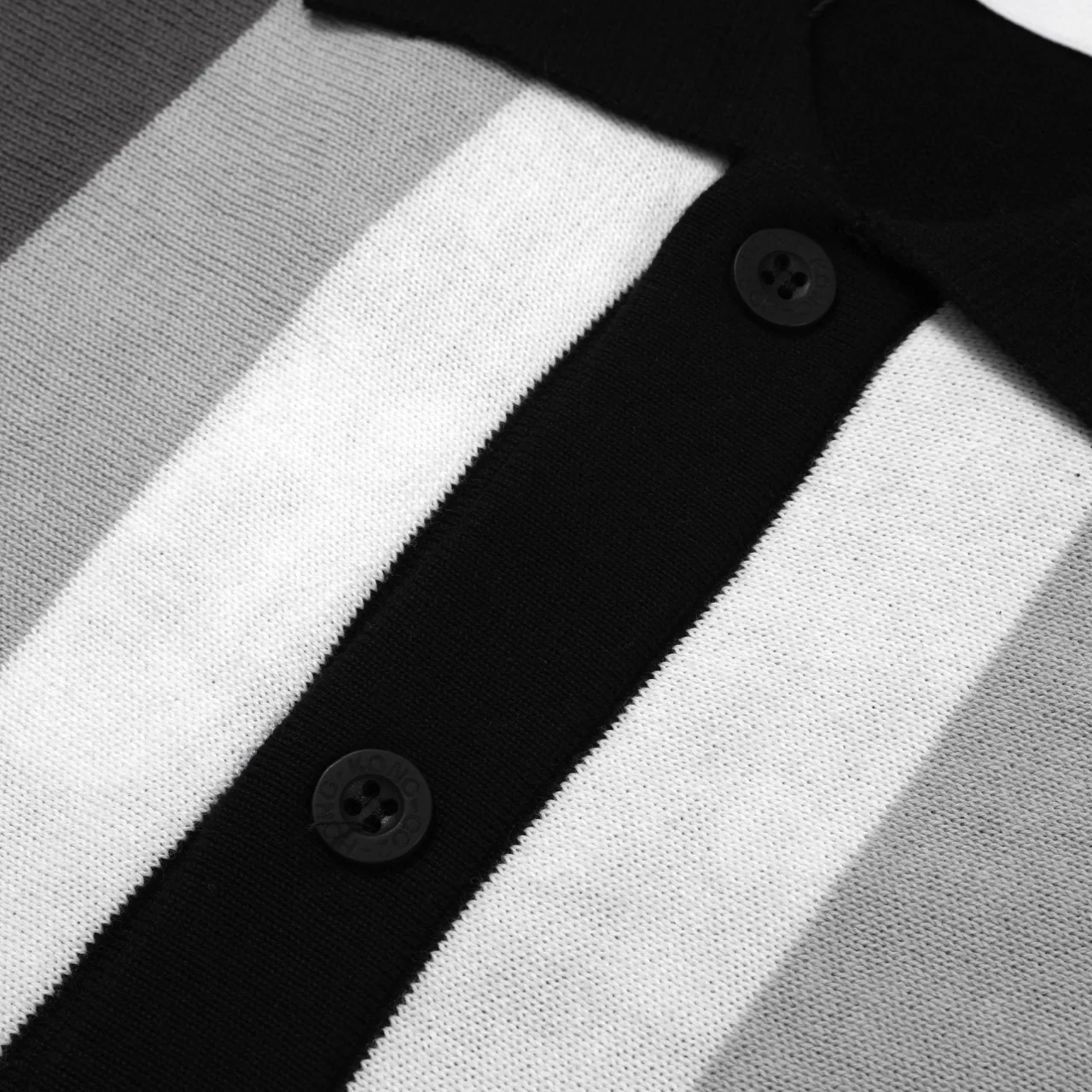 Men's 60s Monochrome Stripe Knit Shirt – Black, White & Grey Button-Up Polo - Image 4