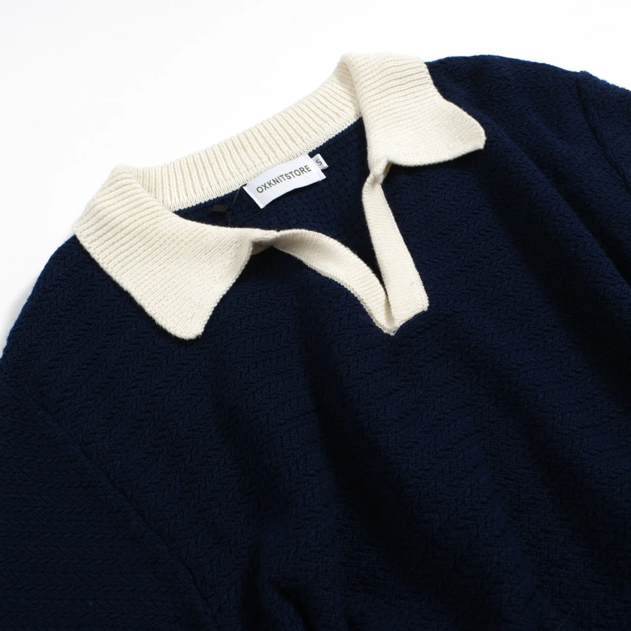 Men's 60s Navy Open Collar Polo – Mod Knit in Cream Trim - Image 8