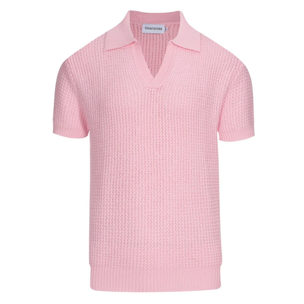Men's 60s Mod Pink Waffle Knit Polo – Lightweight Retro V-Neck Shirt