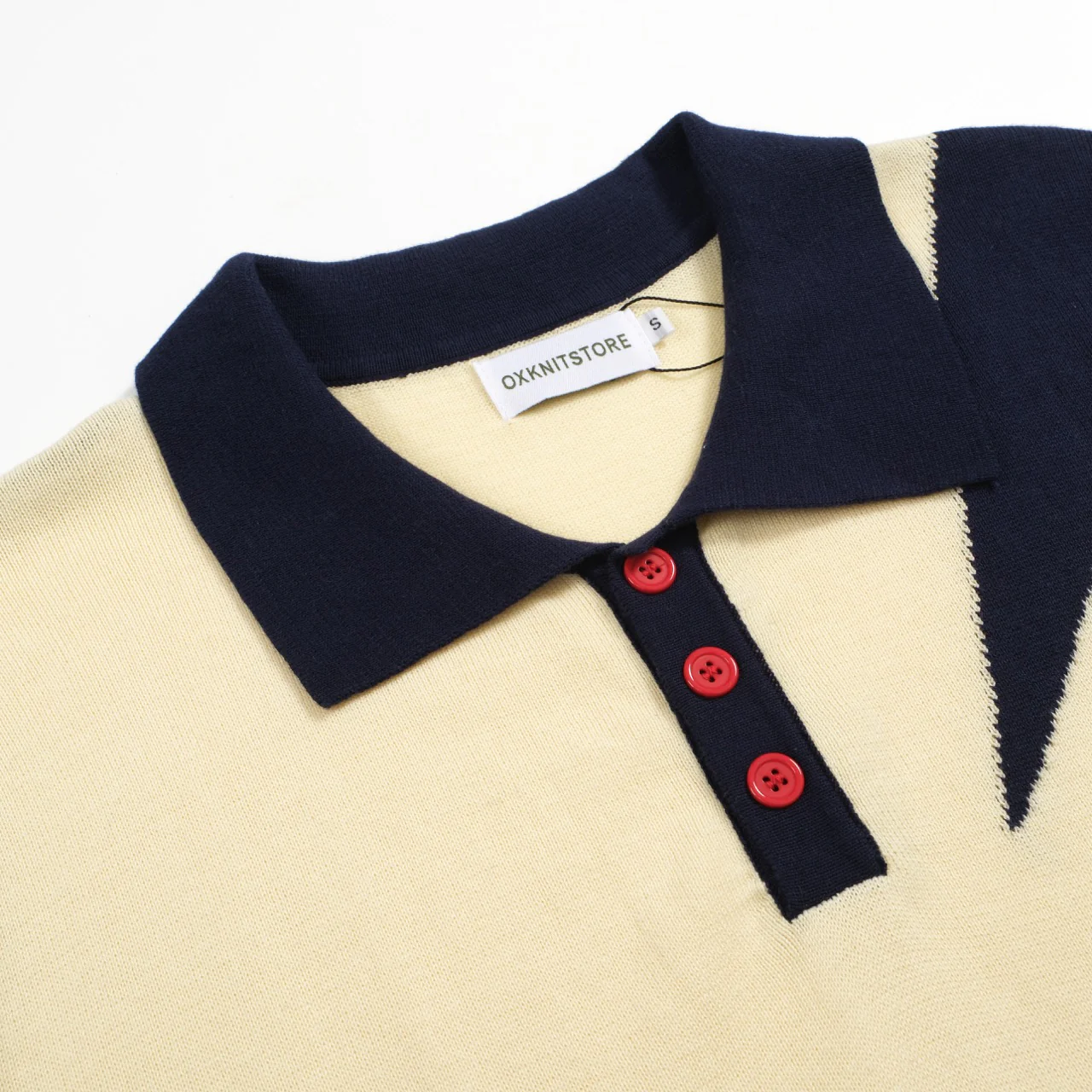 Men's 60s Star Print Knit Polo Shirt – Navy & Cream Retro Mod Style - Image 3