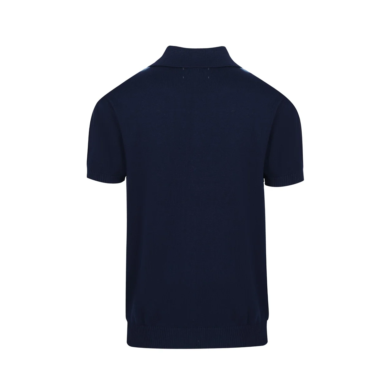 Men's 60s Vertical Stripe Knit Shirt – Navy and Sky Blue Button-Up Polo - Image 9