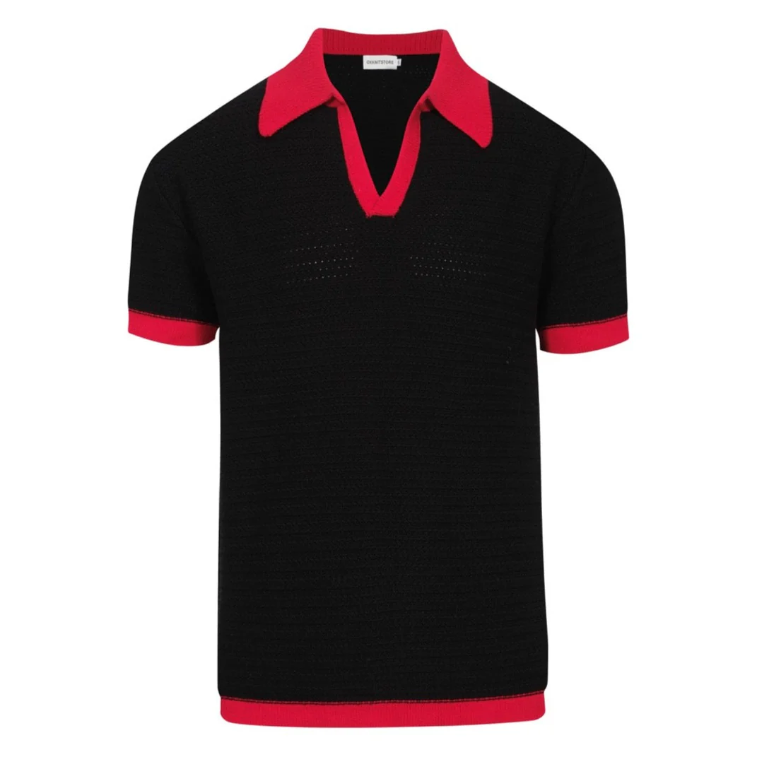 Men's 70s Black Retro Knit Polo – Red Contrast V-Neck Shirt