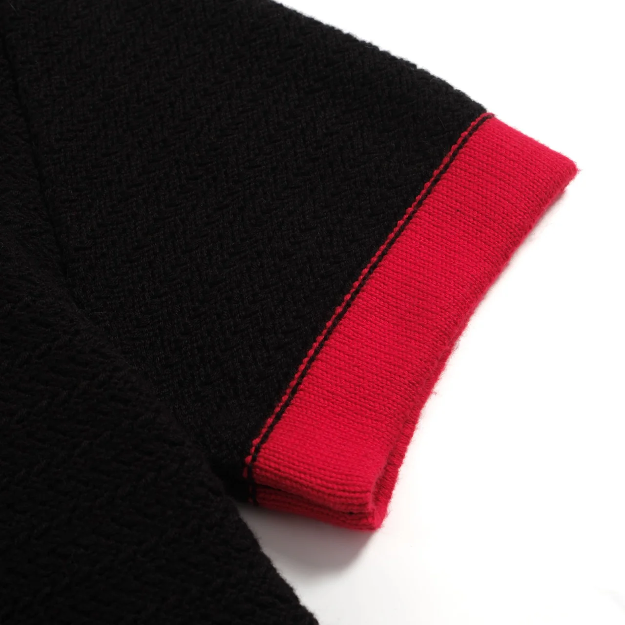 Men's 70s Black Retro Knit Polo – Red Contrast V-Neck Shirt - Image 3
