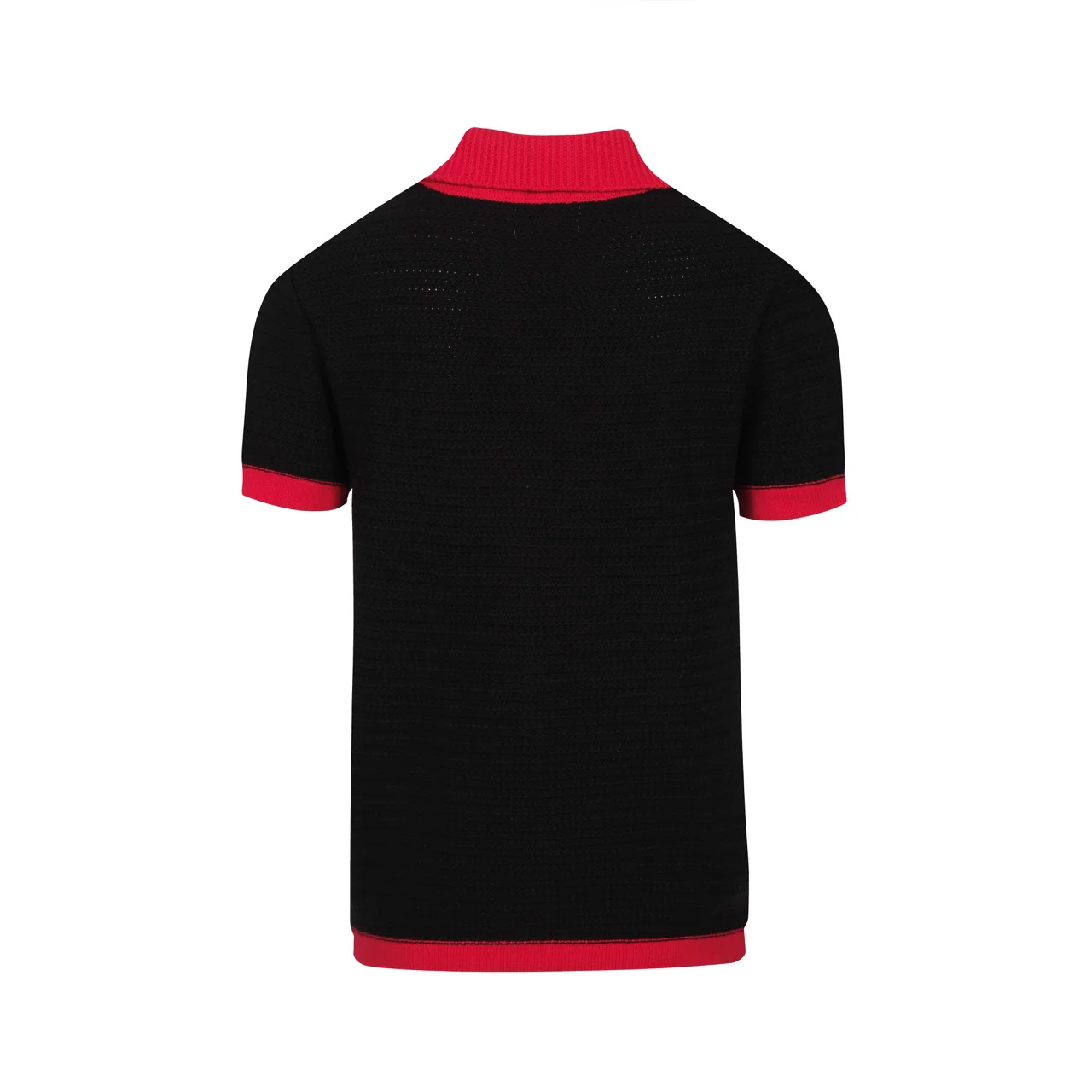 Men's 70s Black Retro Knit Polo – Red Contrast V-Neck Shirt - Image 7