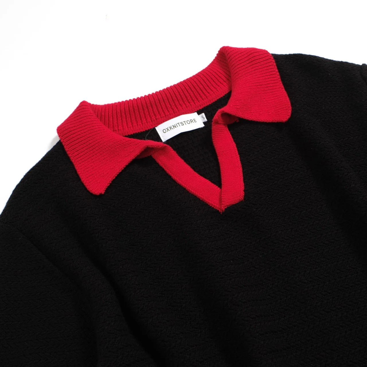 Men's 70s Black Retro Knit Polo – Red Contrast V-Neck Shirt - Image 8