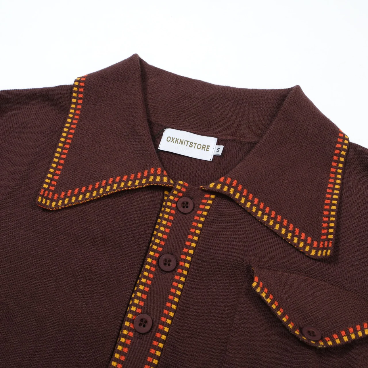 Men's 70s Mod Knit Shirt – Brown with Yellow & Red Checker Trim - Image 3