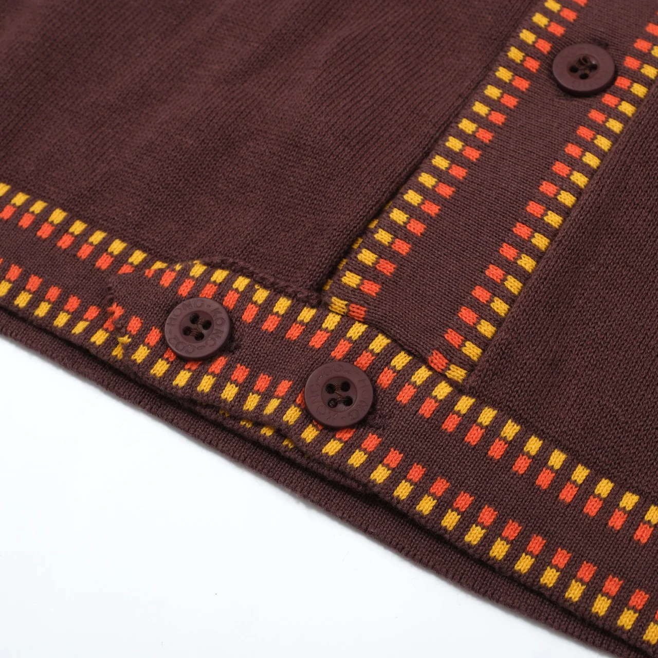Men's 70s Mod Knit Shirt – Brown with Yellow & Red Checker Trim - Image 7