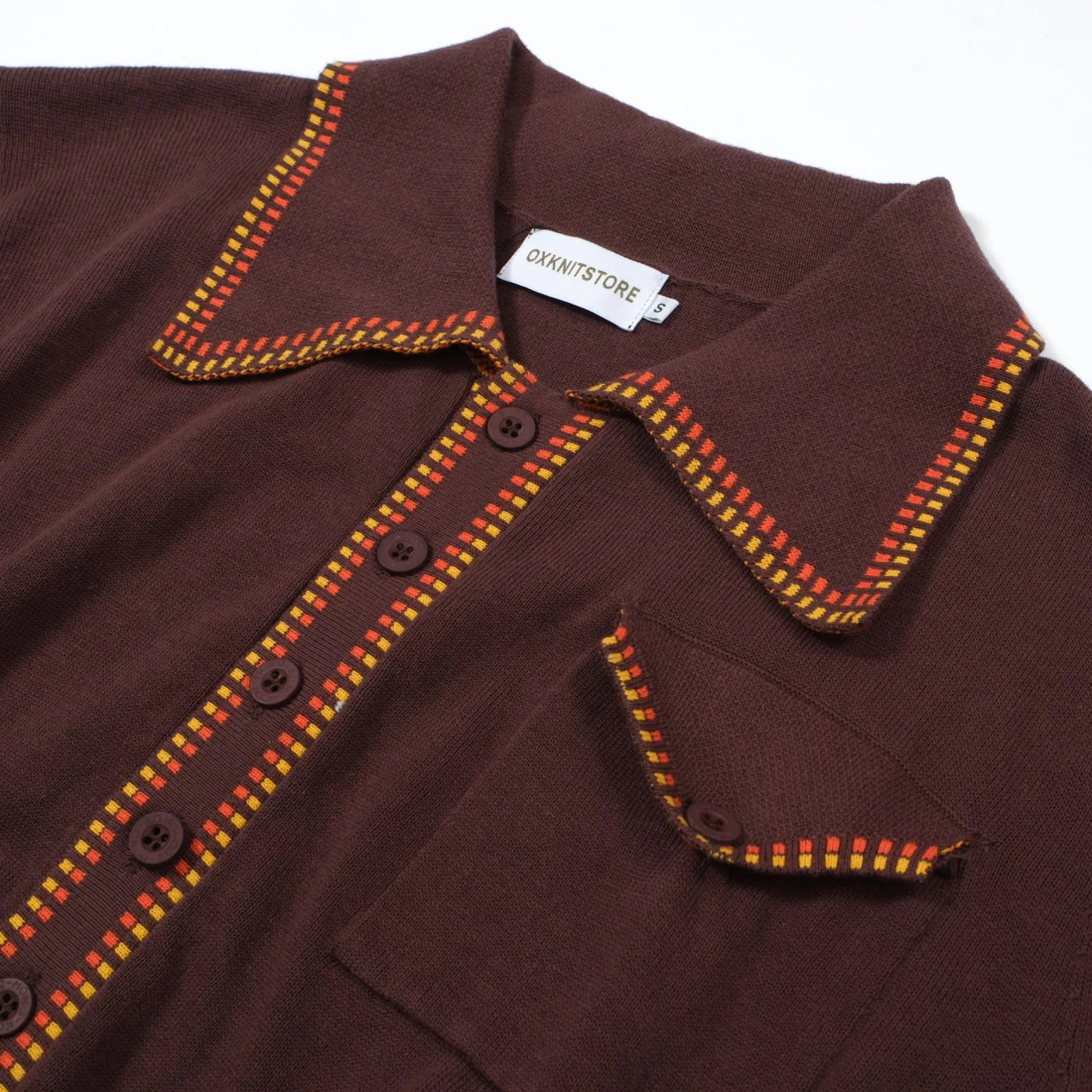 Men's 70s Mod Knit Shirt – Brown with Yellow & Red Checker Trim - Image 8