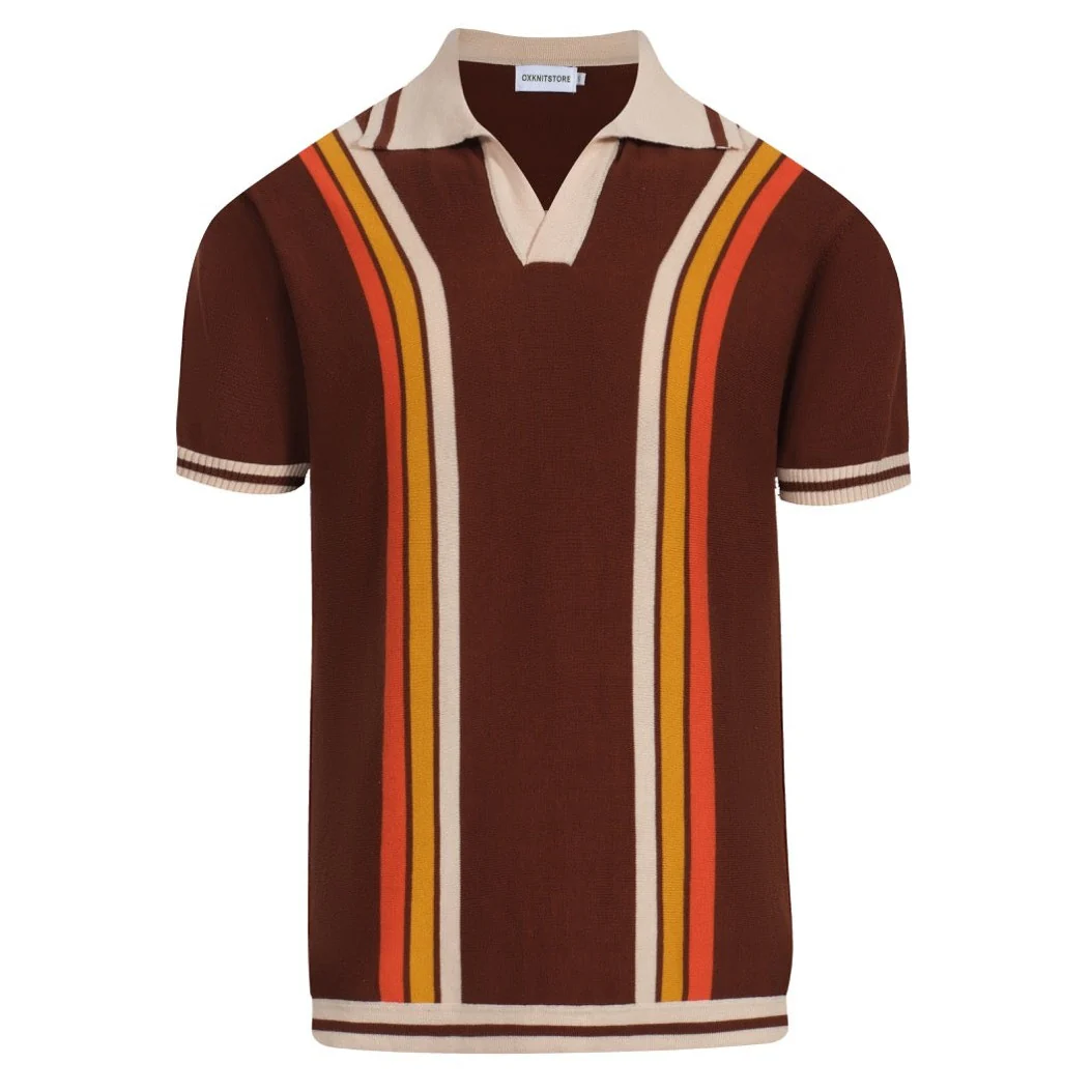Men's 70s Brown Retro Knit Polo – Sunset Stripe V-Neck
