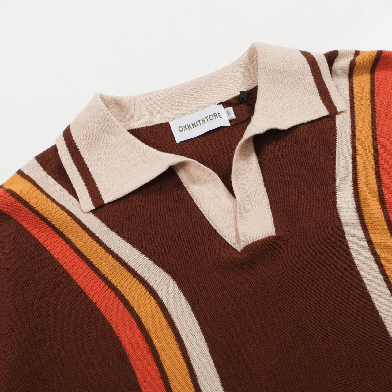 Men's 70s Brown Retro Knit Polo – Sunset Stripe V-Neck - Image 3