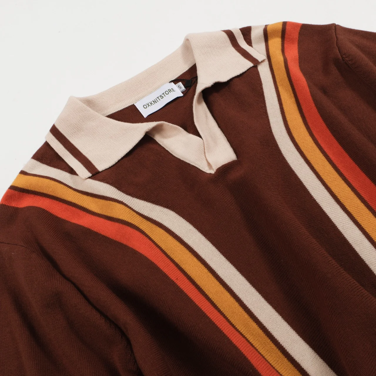 Men's 70s Brown Retro Knit Polo – Sunset Stripe V-Neck - Image 8