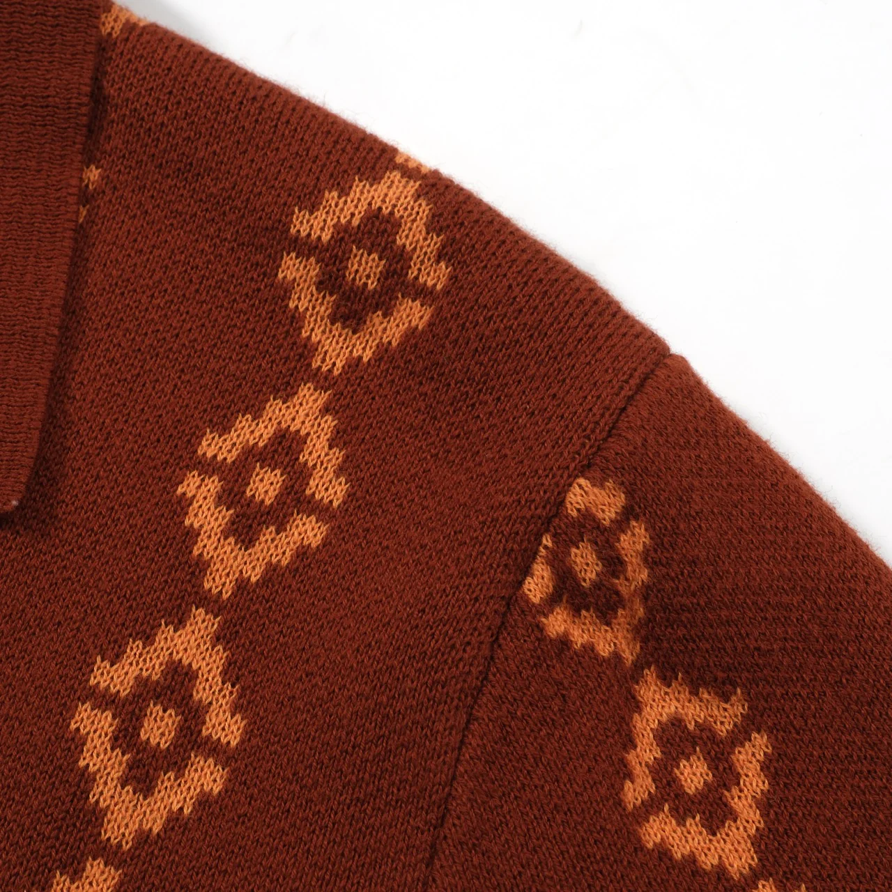 Men's 70s Retro Knit Polo – Rust Orange Geometric Short Sleeve Shirt - Image 3