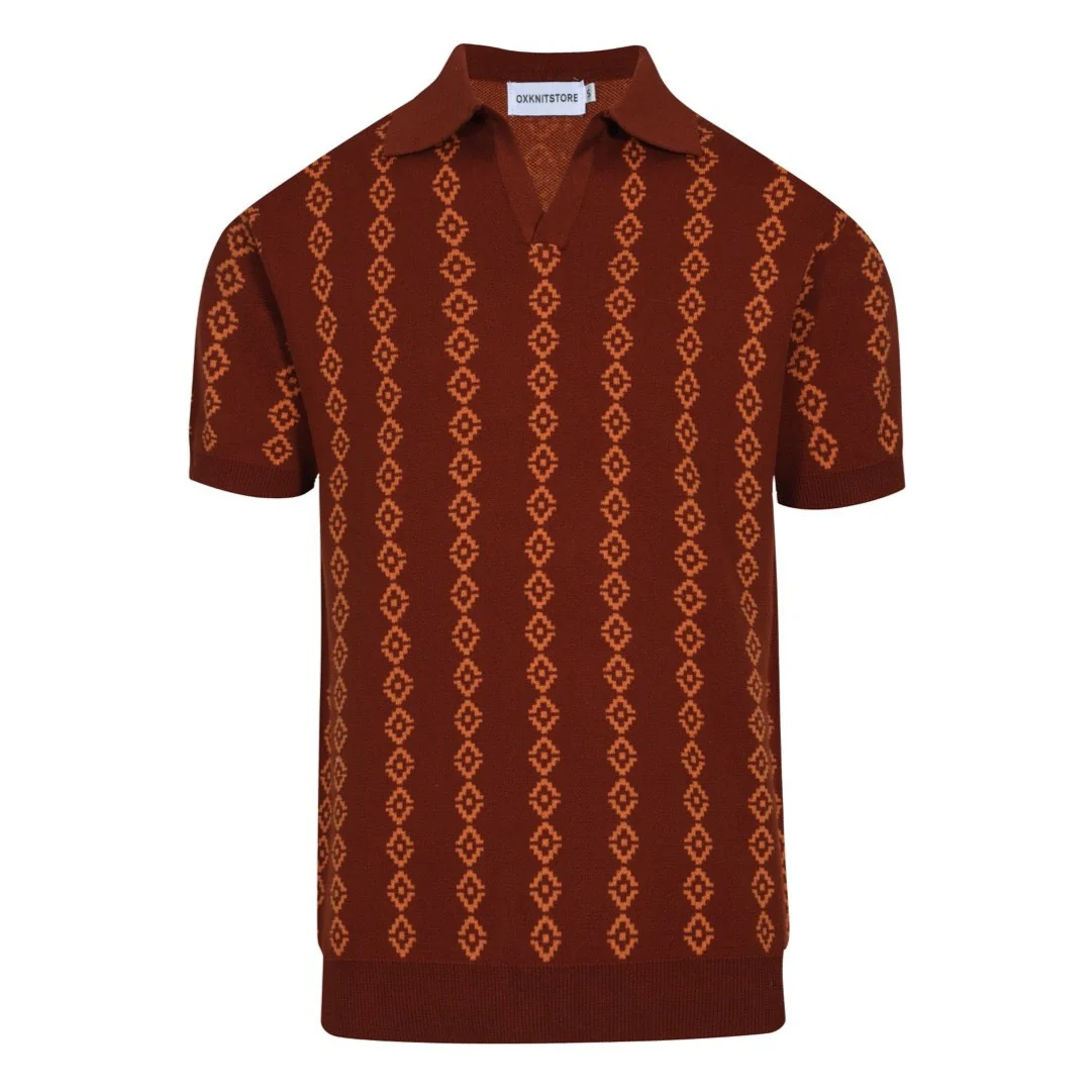 Men's 70s Retro Knit Polo – Rust Orange Geometric Short Sleeve Shirt - Image 8