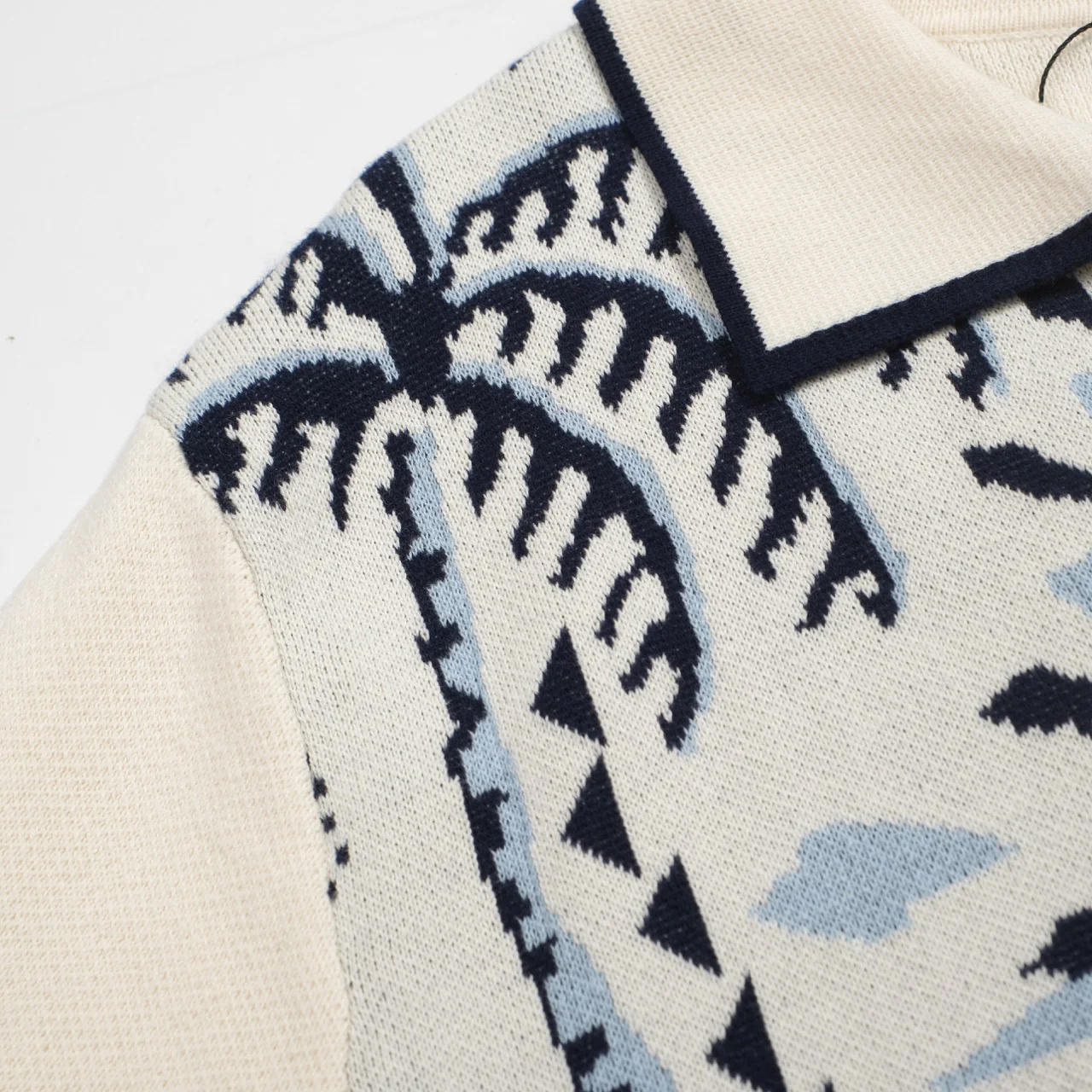 Men's 70s Knit Safari Polo – Elephant & Palm Tree Jacquard Shirt - Image 5