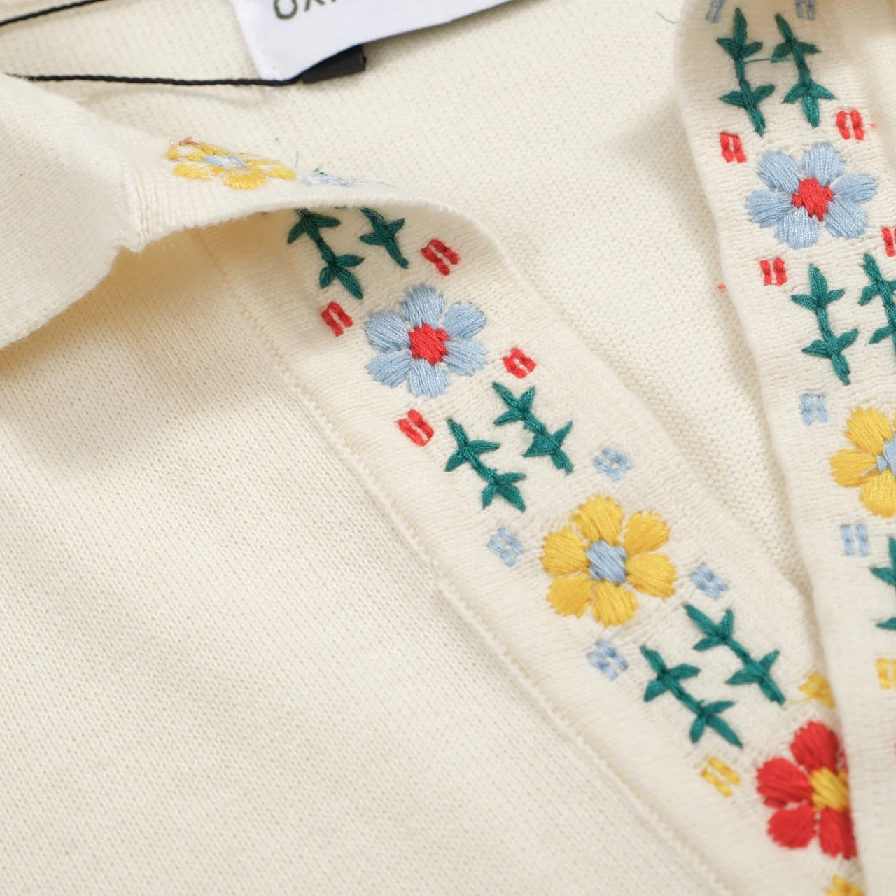 Men's 70s Embroidered Knit Pullover – Cream Retro Sweater with Floral Collar Detail - Image 6